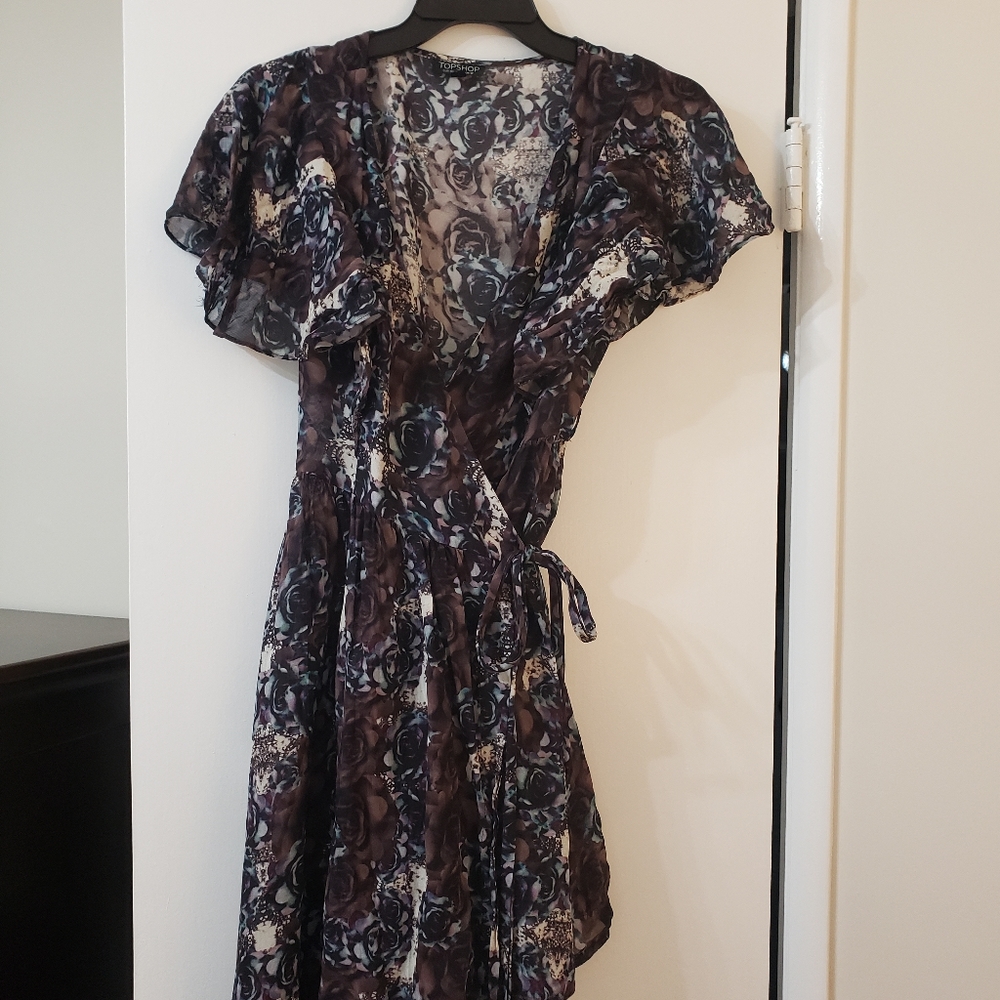 Topshop Chiffon Gothic Rose Ruffle Sleeve Wrap Dress Sz 6 8